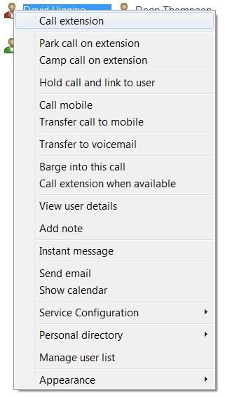 7.5 Performing Call Control Actions in the Contacts Panel There are many call control functions that can be performed by right-clicking a monitored user or external contact in the main Contacts panel.