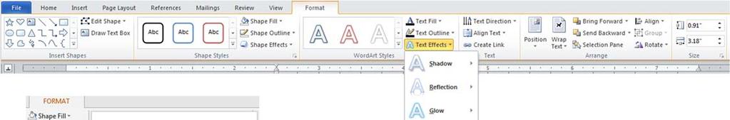 Insert Shapes Shape Styles WordArt Styles Text Arrange Size The WordArt Styles group
