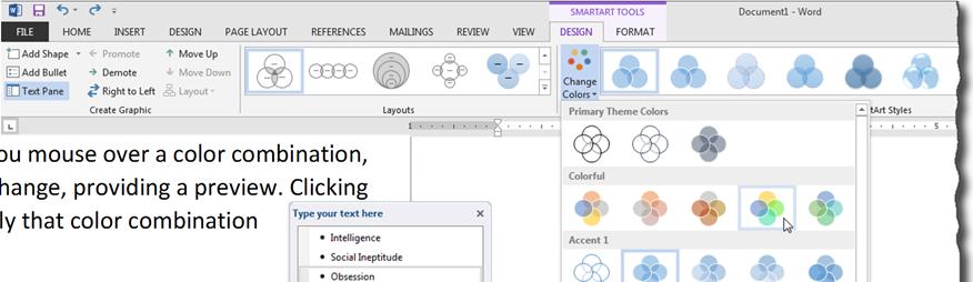 The Change Colors icon in the SmartArt Styles group opens a drop down menu (note
