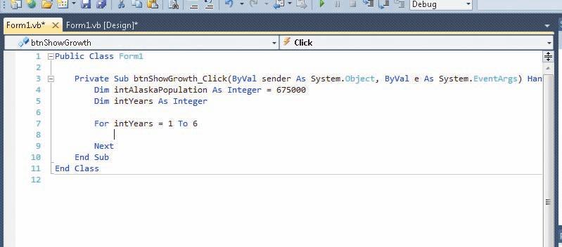 Using Loops to Perform Repetitive Tasks 403 STEP 2 Type the first four letters of the intyears variable name (inty) to select intyears in the IntelliSense list.