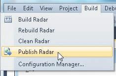 To open the Publish Wizard and begin the deployment process, click Build on the menu bar and then click Publish Radar on the Build menu (ref: Figure 6-87).