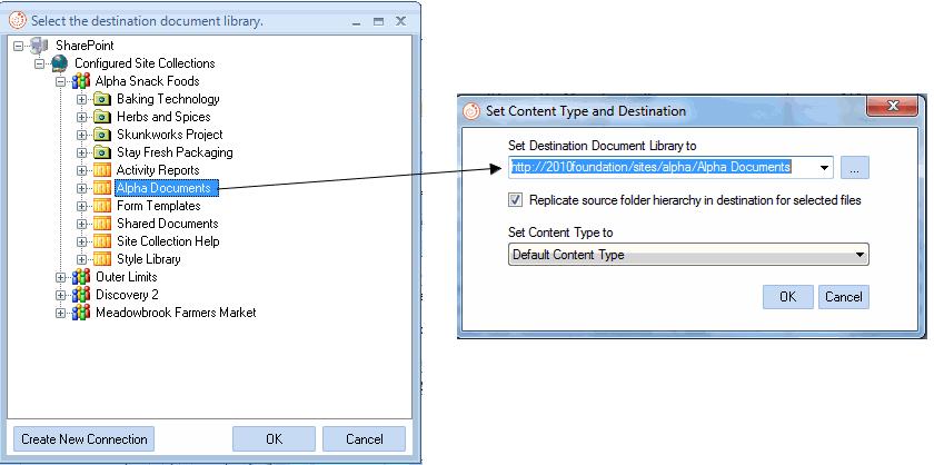 18 FileLoader for SharePoint Administrator s Guide Selecting a Content Type and/or Destination Library To apply a custom content type and/or choose a destination for files within your control file: 1