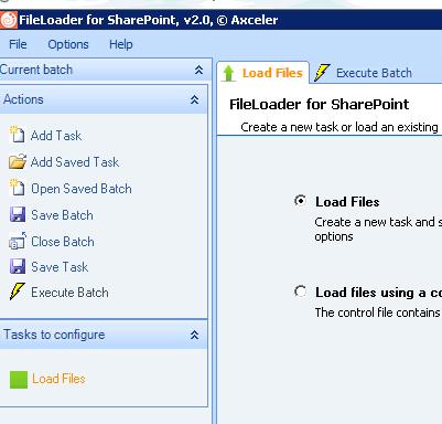 Getting Started with FileLoader 7 From the FileLoader Welcome page you can: create or modify a control file (see "Creating a Control File" on page 12) upload files to SharePoint (see "Uploading Files