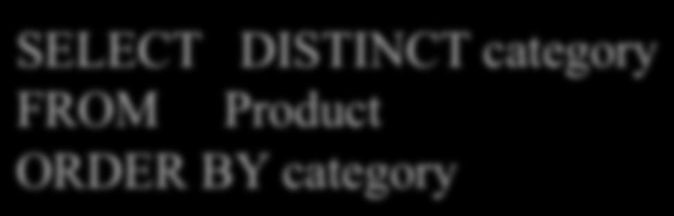99 Household Hitachi SELECT DISTINCT category FROM Product ORDER BY category?
