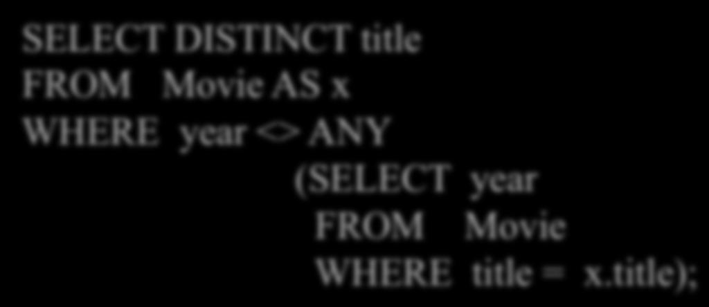 Correlated Queries Movie (title, year, director, length) Find movies whose title appears more than once.