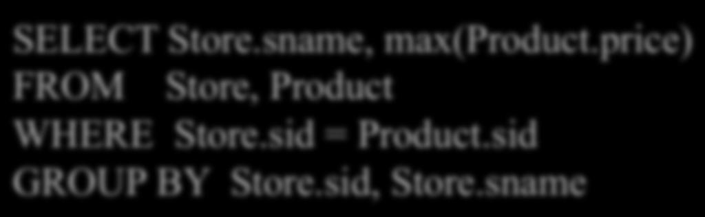 Two Examples This is easy but doesn t do what we want: SELECT Store.sname, max(product.