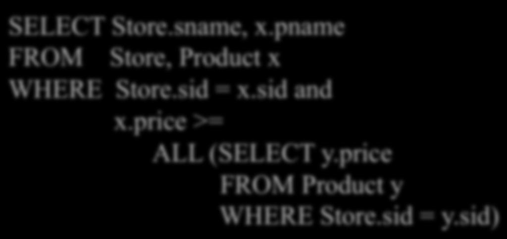 sname Better: But may return multiple product names per store SELECT Store.sname, x.