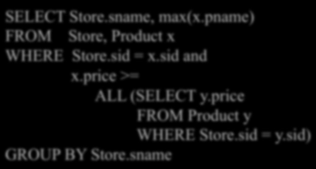 pname) FROM Store, Product x WHERE Store.sid = x.sid and x.