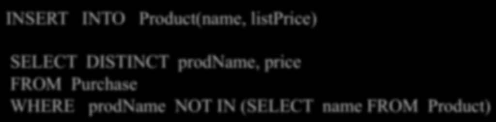 Insertion: an Example INSERT INTO Product(name, listprice) SELECT DISTINCT prodname, price FROM Purchase WHERE prodname NOT IN