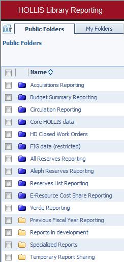 a. Locate Reports Public Folders contain all of the pre-defined reports and are accessible to all users. Folders are organized by subject.