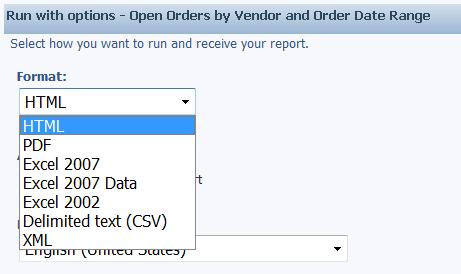 e. Run reports To run a report, click the Run with Options icon. Selecting Run with Options allows users to specify the output format before opening the prompt page and running the report. 1.