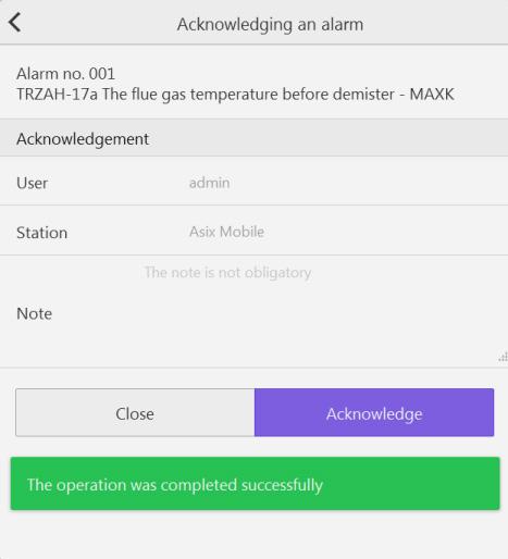 6. Application Development 6.2.3.2. Alarm Acknowledgement The acknowledgement window is used to confirm the alarm.