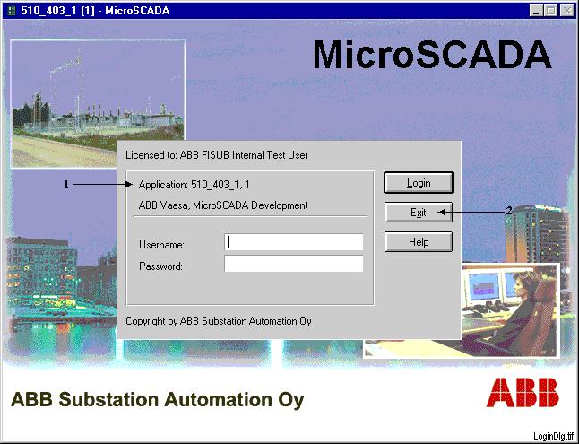 LIB 500 Base & LIB 510 1 1MRS751424-MUM Figure 16. An example of the LIB 500 start picture with a login dialog 1. Application Name 2. Exit button to close the application window 1.13.