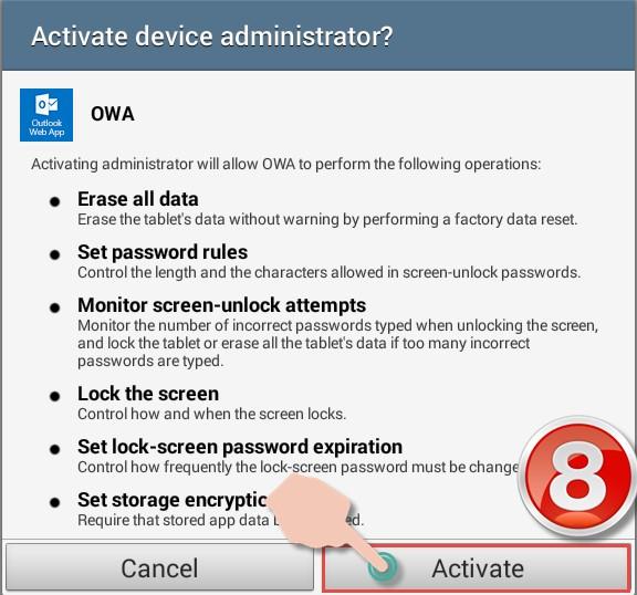 Step 8: Tap Activate on the Activate device administrator?