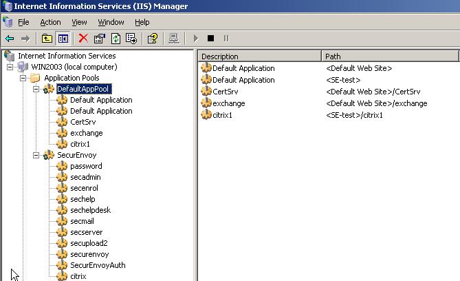 For Windows 2003 Within Internet Information Services (IIS Manager) navigate to the Application pools, by default SecurEnvoy will be within the Default App pool.