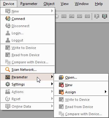 Menus [Device] menu 7.2.10 [Device] menu [Parameter] [Device] menu [Parameter] [Open]...34 [Device] menu [Parameter] [New]...34 [Device] menu [Parameter] [Assign].