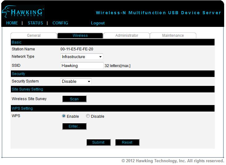 Wireless: You can make your wireless settings for the HMPS2U here.