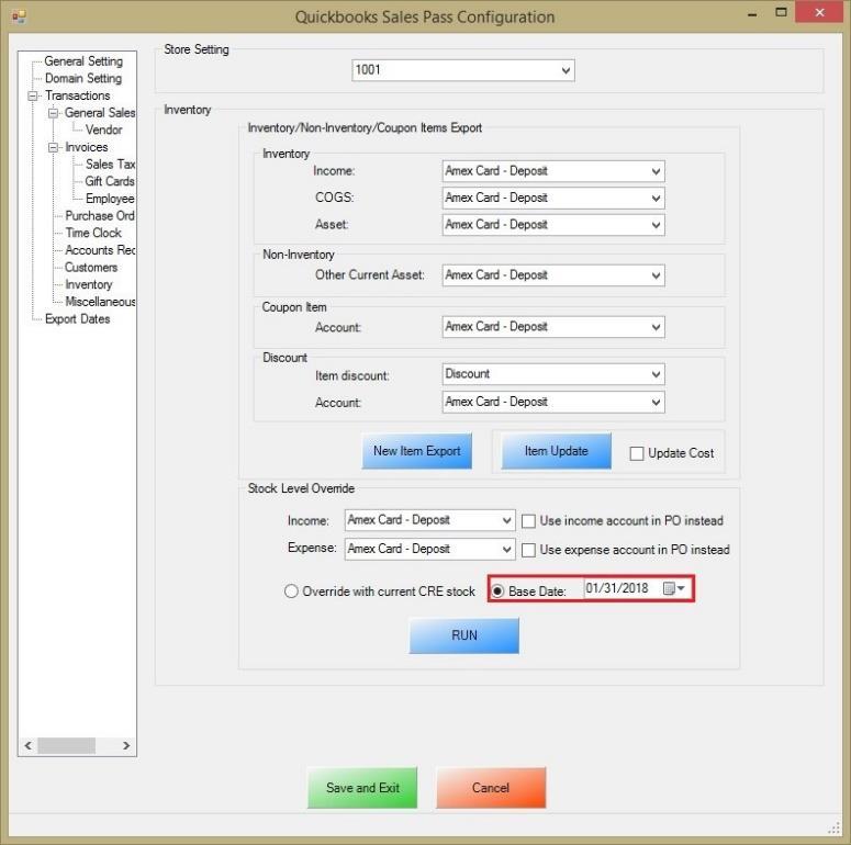 Invoice (Itemized) Sales Export - Inventory Export - Account Selection and Setup 1. Select Inventory on the left. Default Stock Override 2. On the top under Store Setting select your store id (e.g. 1001).