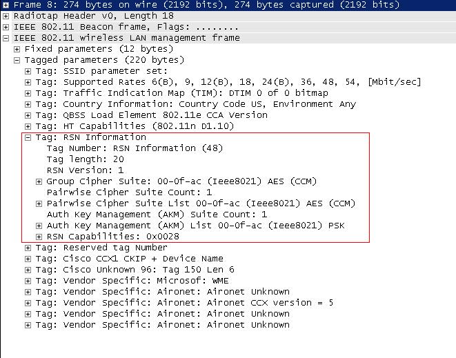 Image: RSN Information within a beacon frame Image: You can see the client initiating the EAPOL (EAP Over LAN) transaction with the Cisco AP.
