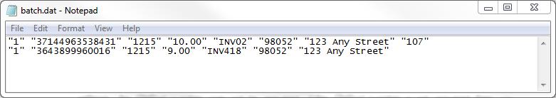 The following is an example of a PCCharge DAT file. Each line is a separate transaction.