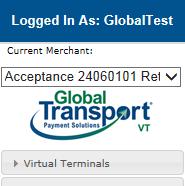 account. The Global Transport VT home page displays with an updated Main Menu: 4.