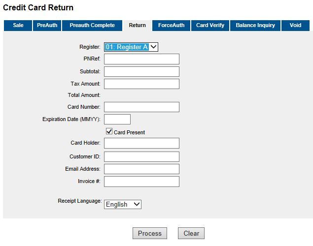 The Credit Card Return screen displays: 2. Complete the required transaction fields.