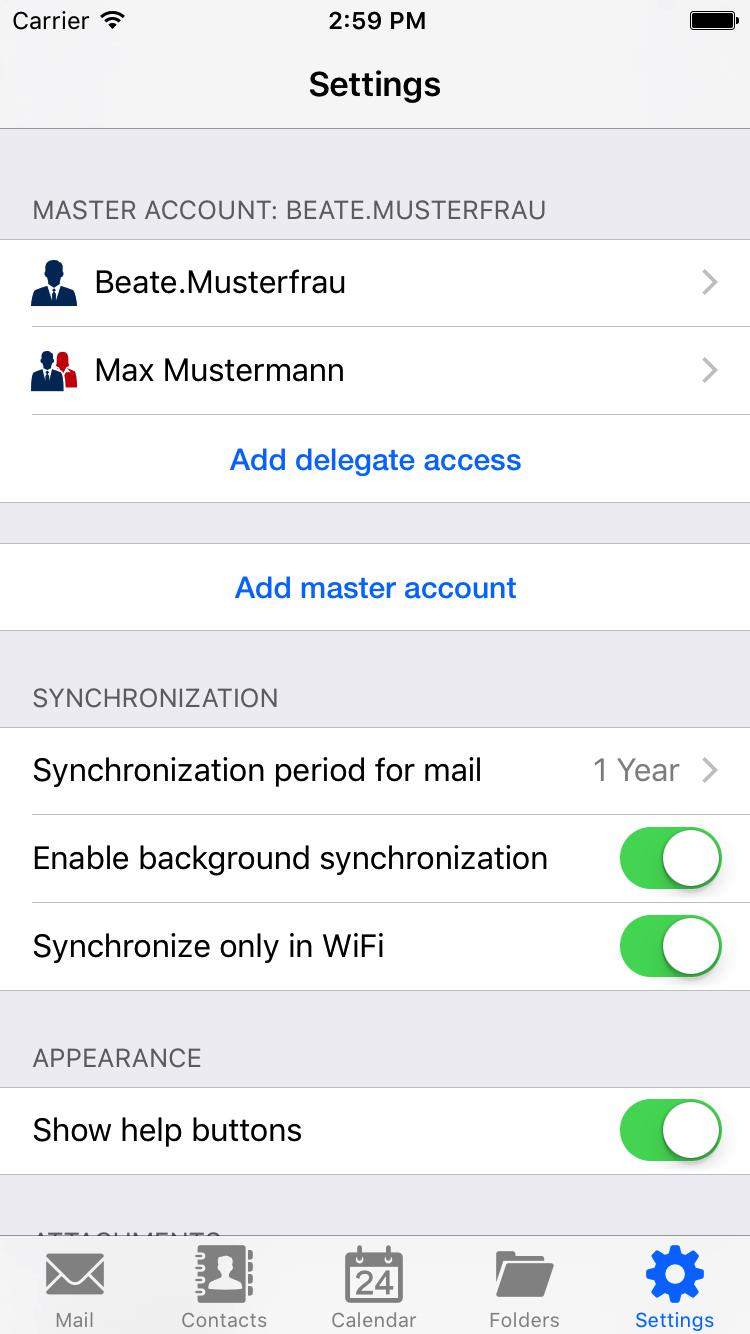 5 Synchronization It is recommended to run the first synchronization of a folder with more than 1000 objects in a WiFi connected environment. Emails, contacts and calendar are synched when opened.