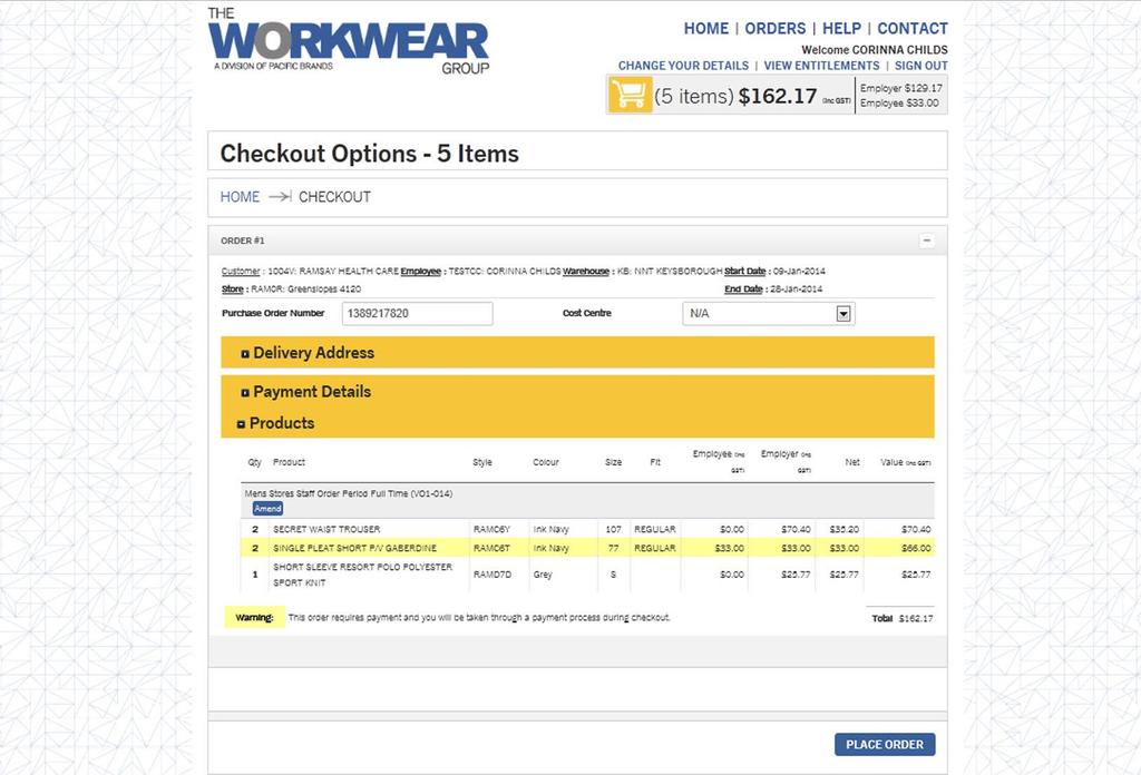 Step 8: Check the order within the Shopping Cart. If you need to remove or change a garment, click on the Amend button. Go back and delete the item and choose the correct garments.