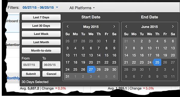 Selecting the Platform Displayed To ﬁlter the data displayed in the console 1. Choose the Filter menu in the toolbar. 2. Choose the dates you want reﬂected in the console reports.