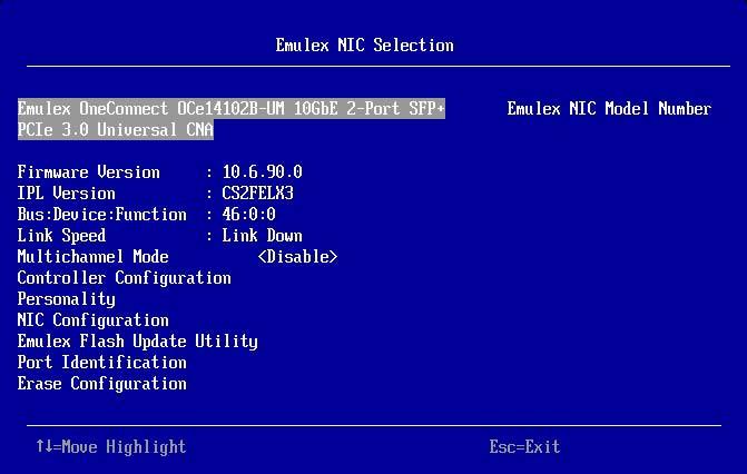 11. Configuring UEFI for Ethernet Starting the Emulex NIC Configuration Utility 125 Figure 11-2 Emulex NIC Selection Screen The Emulex NIC Selection screen shows the following adapter information and