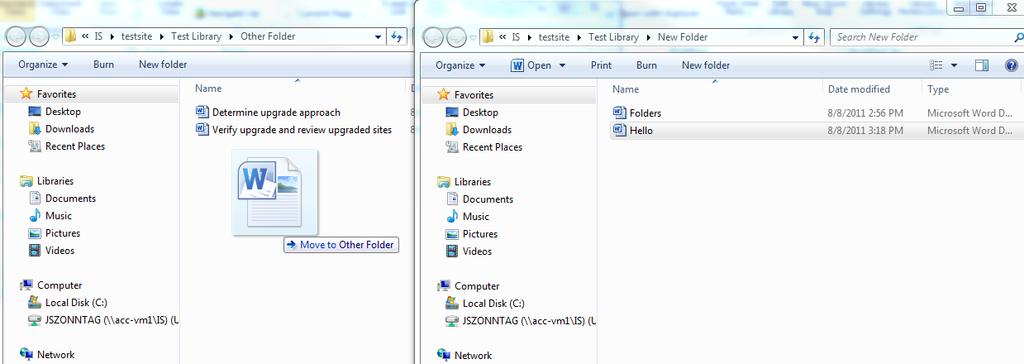 To move a file from one folder to another open each folder and click on Open with Explorer. Drag the file from one folder to the other.