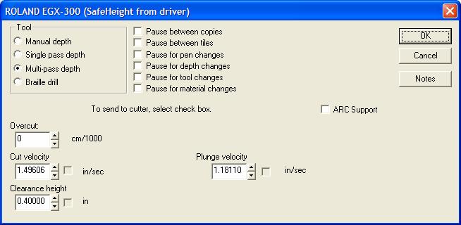 selected (COM or LPT) and click OK. 3. In the Output window, ensure the following options are set and click Save Default. a. Tool = Multi-pass depth b.