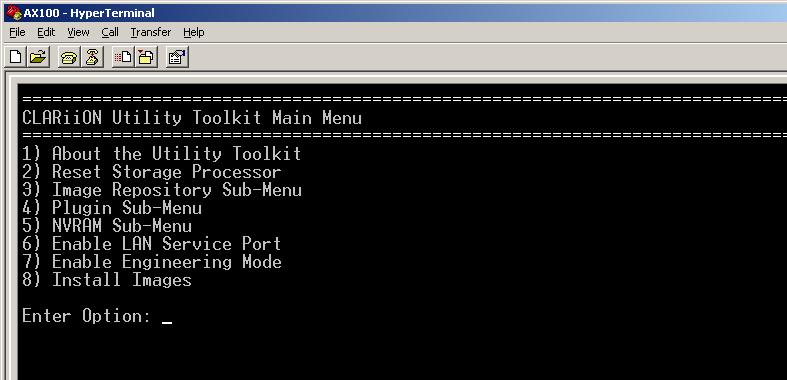 Recovering an SP Boot Image Using FTP The software displays the CLARiiON Utility Toolkit Screen Main Menu. 4. Select Enable LAN Service Port.