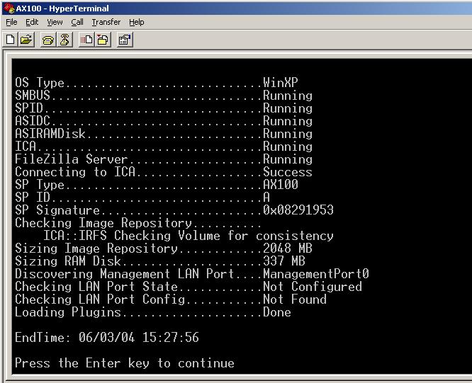 Restoring an SP Boot Image The SP boots from its utility partition and displays lots of status messages and eventually a status summary as follows.