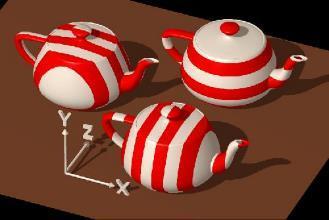3D TEXTURE MAPPING The stripes on the left teapot are generated with a simple function.