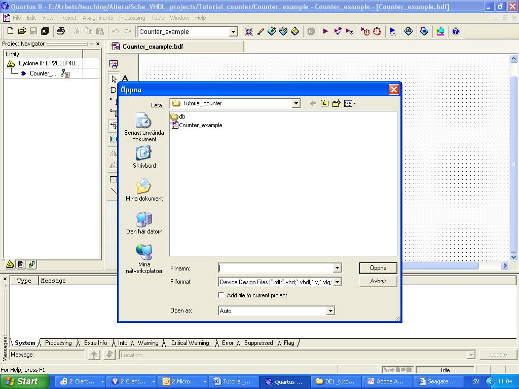 4. Open an existing VHDL file and add it to a project Select File > Open. Find the VHDL file and click Öppna.