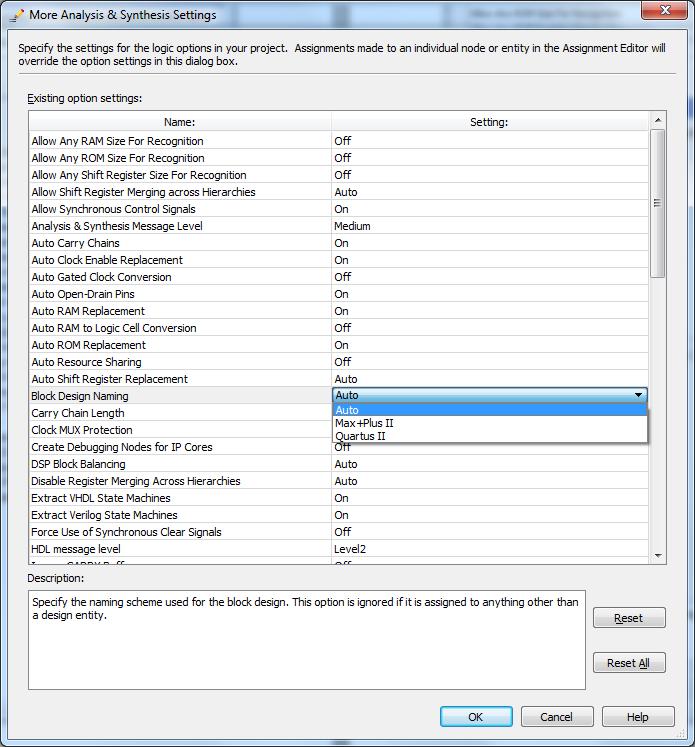 Click on Analysis & Synthesis Settings and the click on More settings button. The following window is shown. Double-click on Auto of the setting Block Design Naming.