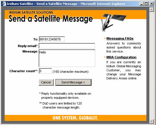 An example of sending a SMS message using the Iridium website WARNING: Due to certain restrictions at the U.S. DoD gateway (applied ONLY to the U.S. DoD gateway and NOT commercial gateways), users cannot send outgoing SMS messages by e-mail.