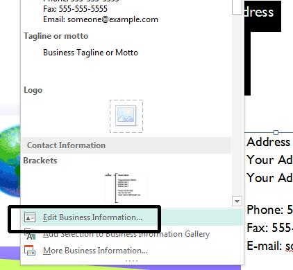 Click on the Close button to close the Business Information dialog box. Editing your Business Information Click on the Business Information icon within the Insert tab.