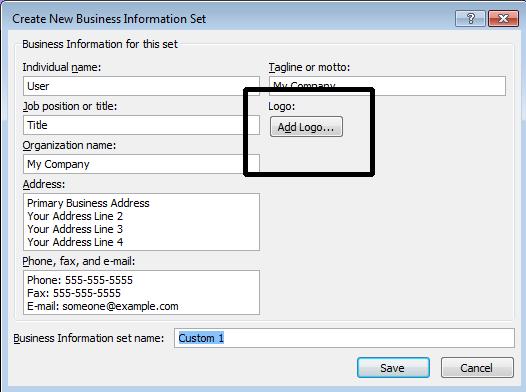 Microsoft Publisher 2013 Foundation - Page 102 Make changes to your business information. For this example click on the Add Logo button. This will open the Insert Picture dialog box.