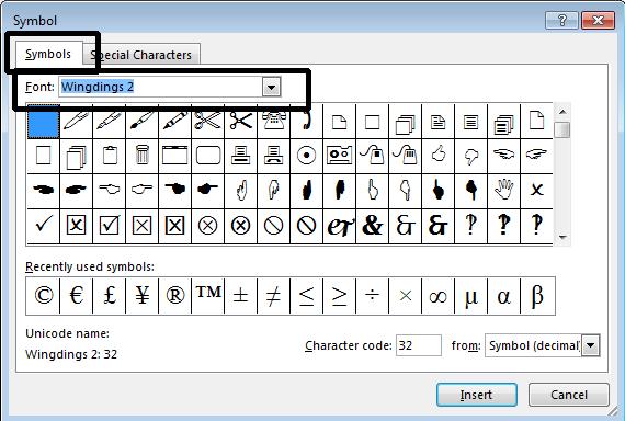 NOTE: You can click on the Font drop down list under the Symbols tab and select a different font, which will
