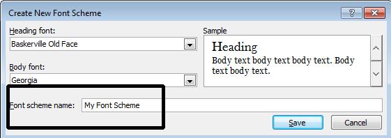 Select a font for the body from the Body font drop down list, for example select the Arial font. You can preview your font scheme in the Sample box on the right side.