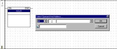 Ladder 4. The Hour function appears with the selected Operand and Address. Note that the hour function is checking a range between two MIs / SIs.