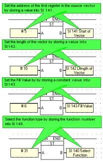 U90 Ladder Software Manual Note that since there is no Ladder element for this function; you perform it by storing values into: SI 141 to determine the start of the target vector, SI 142 to determine