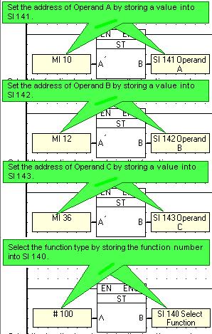 Ladder Function Number (SI 140) Description 100 Multiply A x B, Divide by C Note that when you run Test (Debug) Mode, the current value in SI 140 will not be displayed.