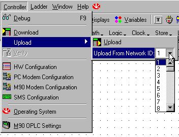 U90 Ladder Software Manual 3. Upload from: - a stand-alone M90 by clicking on the Upload button - from a specific M90 on a network by selecting the M90's ID number as shown below. 4.