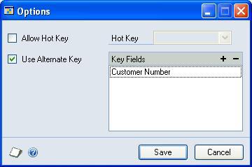 To set an alternate key for the Inquiry: 1. Click the Options button 2. Mark the Use Alternate Key option 3. Click the Add button above the Key Fields list to select a key field.
