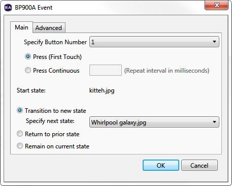 Important: Specifying Any Button will enable only the button numbers used in other BP200 or BP900 events in the presentation (or numbers enabled in the Presentation Properties > Buttons window): For
