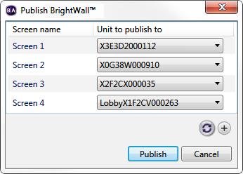 Publishing a BrightWall Presentation To publish a BrightWall presentation, select the Video Walls option in the top left when Local Storage, Local Network, or Simple File Network is selected.