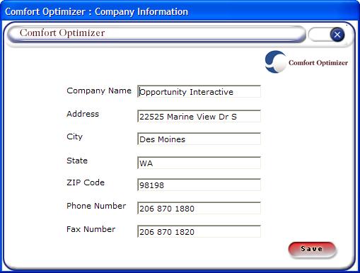 Comfort Optimizer User Manual After starting up management for the Comfort Optimizer, you will see 5 buttons. The first place to go, is the Company Info section.
